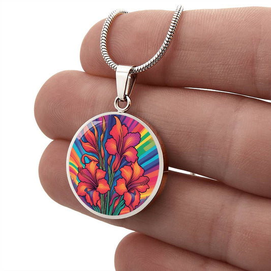 August Birth Flower Gladiolus Psychedelic Art Pendant Necklace, Boho hippie Retro Floral Jewelry, Gladioli Groovy Vintage Art Gift for Her