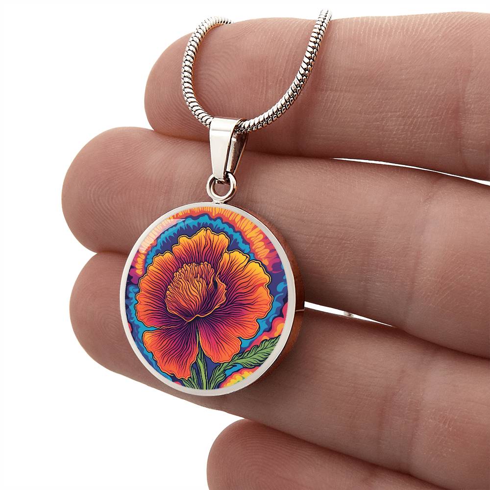 Birthflower Carnation Necklace, January Birth Flower Necklace, Flower Design Circle Pendant Mothers Day Necklace & Valentines Gifts For Her