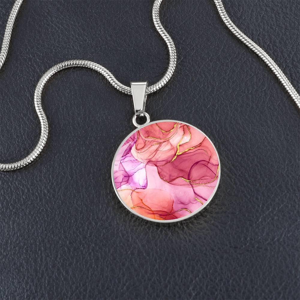 Alcohol Ink Pendant Necklace Pink Purple Gold Wanderlust Jewelry Trendy Fluid Art Colorful Abstract Backgroud Stainless Steel Gold Base