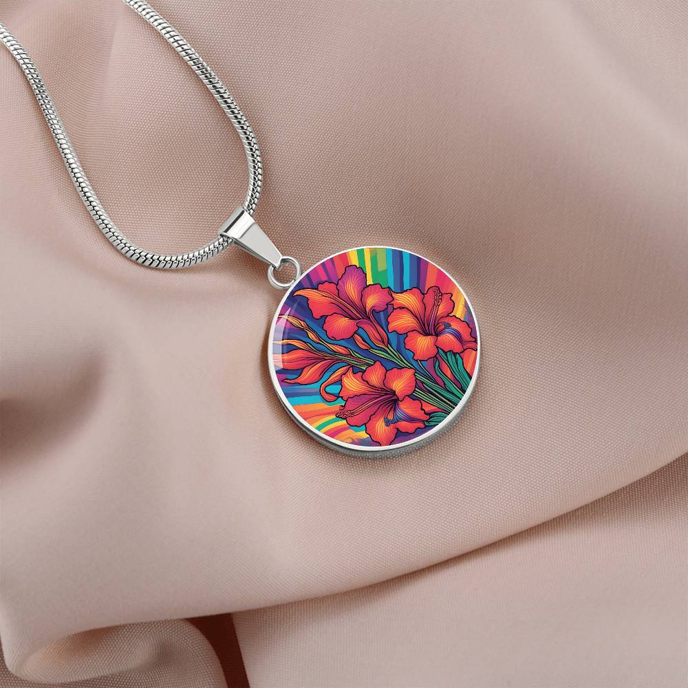 August Birth Flower Gladiolus Psychedelic Art Pendant Necklace, Boho hippie Retro Floral Jewelry, Gladioli Groovy Vintage Art Gift for Her