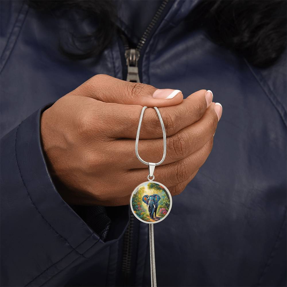 Vibrant Elephant Pendant Necklace Tropical Forest Floral Jewelry Jungle Art Charm, Animal and Nature Lovers Necklace Gift for Her, Him Gift