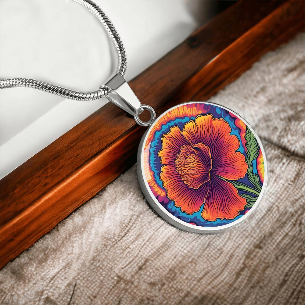 Birthflower Carnation Necklace, January Birth Flower Necklace, Flower Design Circle Pendant Mothers Day Necklace & Valentines Gifts For Her