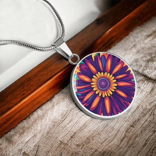 September Birth Flower Aster Psychedelic Art Pendant Necklace, Boho hippie Retro Floral Jewelry, Aster Groovy Vintage Art Gift for Her