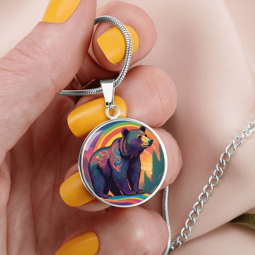 Dreamy Bear Pendant Necklace Gift, Magical Forest Wildlife Jewelry Moonlit Twilight Pastel Flowers Gift For Mom Grandma Mama Bear birthday