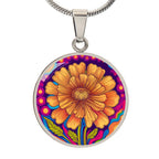 October Birth Flower Marigold Trippy 70s 80s Art Pendant Necklace, Boho hippie Retro Floral Jewelry Marigold Groovy Vintage Art Gift For Her
