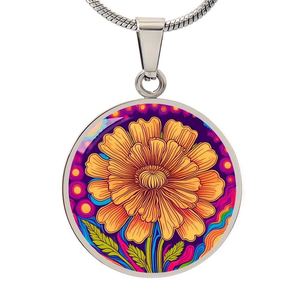 October Birth Flower Marigold Trippy 70s 80s Art Pendant Necklace, Boho hippie Retro Floral Jewelry Marigold Groovy Vintage Art Gift For Her
