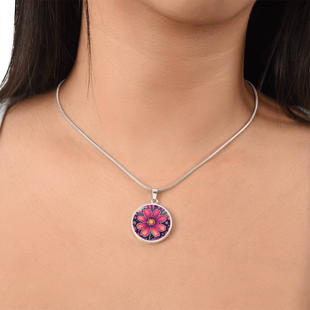 October Birth Flower Cosmos Psychedelic Art Pendant Necklace, Boho hippie Retro Floral Jewelry, Groovy Vintage Art Gift for Her