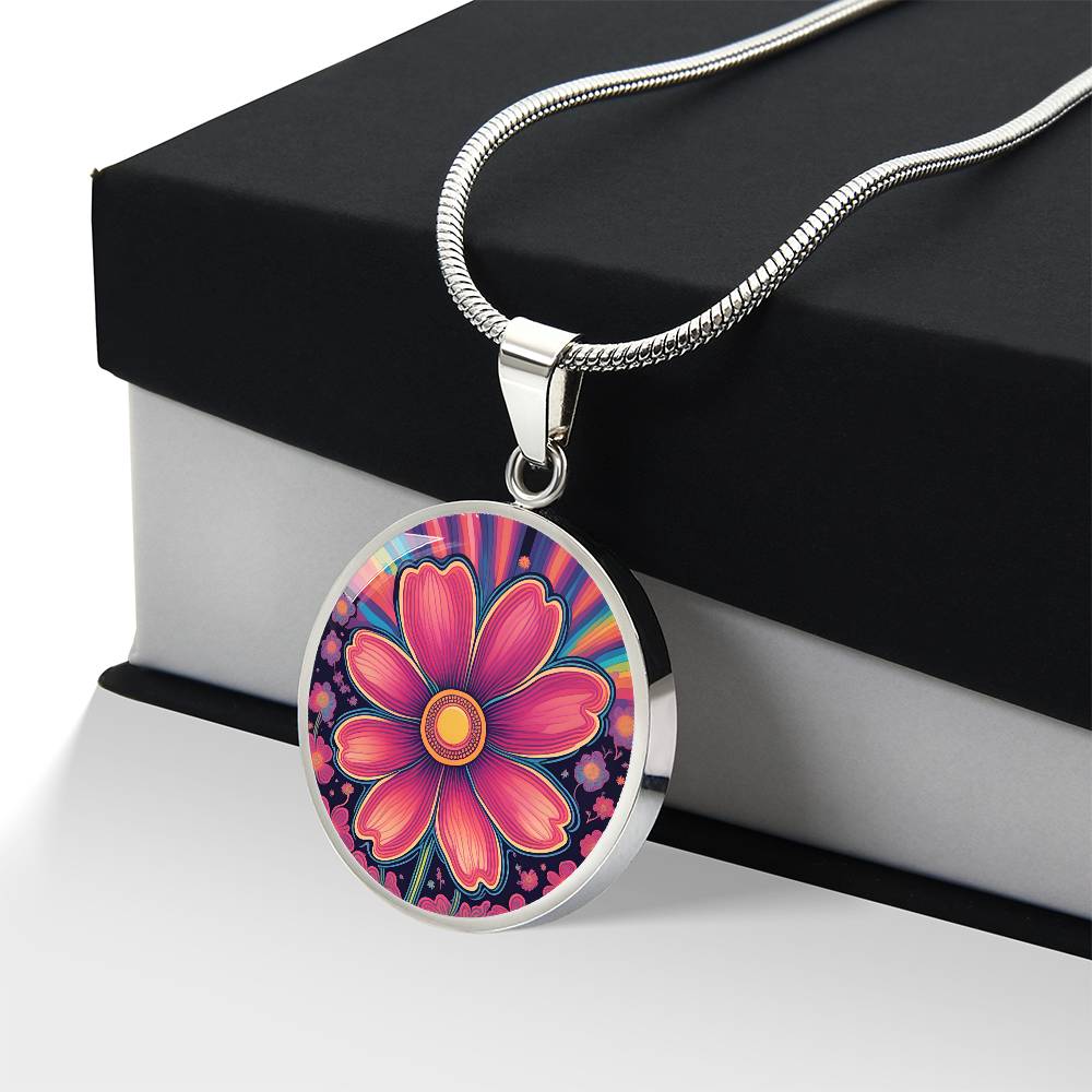 October Birth Flower Cosmos Psychedelic Art Pendant Necklace, Boho hippie Retro Floral Jewelry, Groovy Vintage Art Gift for Her