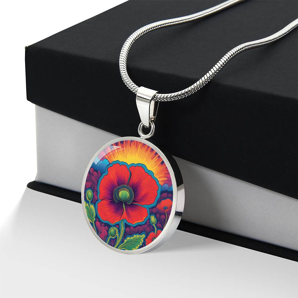 August Birthflower Poppy Trippy 70s 80s Art Pendant Necklace, Boho hippie Retro Poppies Floral Jewelry, Groovy Vintage Art Gift for Her
