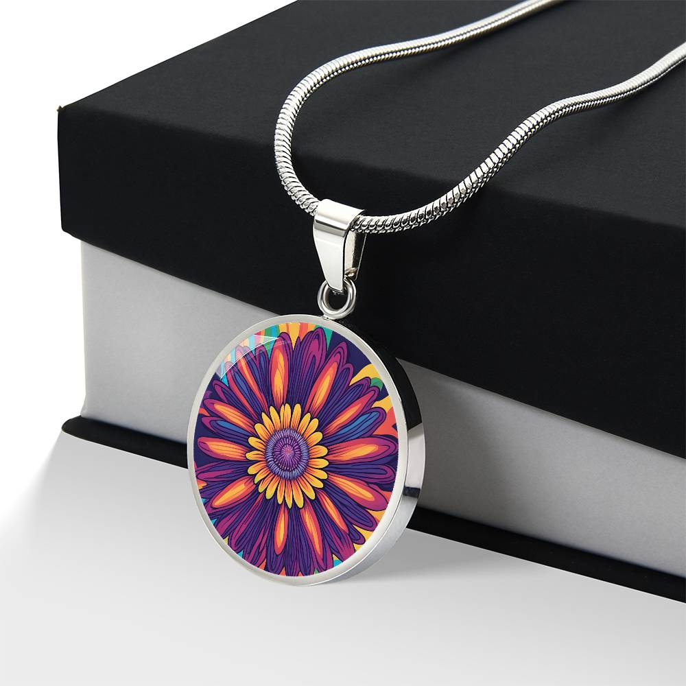 September Birth Flower Aster Psychedelic Art Pendant Necklace, Boho hippie Retro Floral Jewelry, Aster Groovy Vintage Art Gift for Her