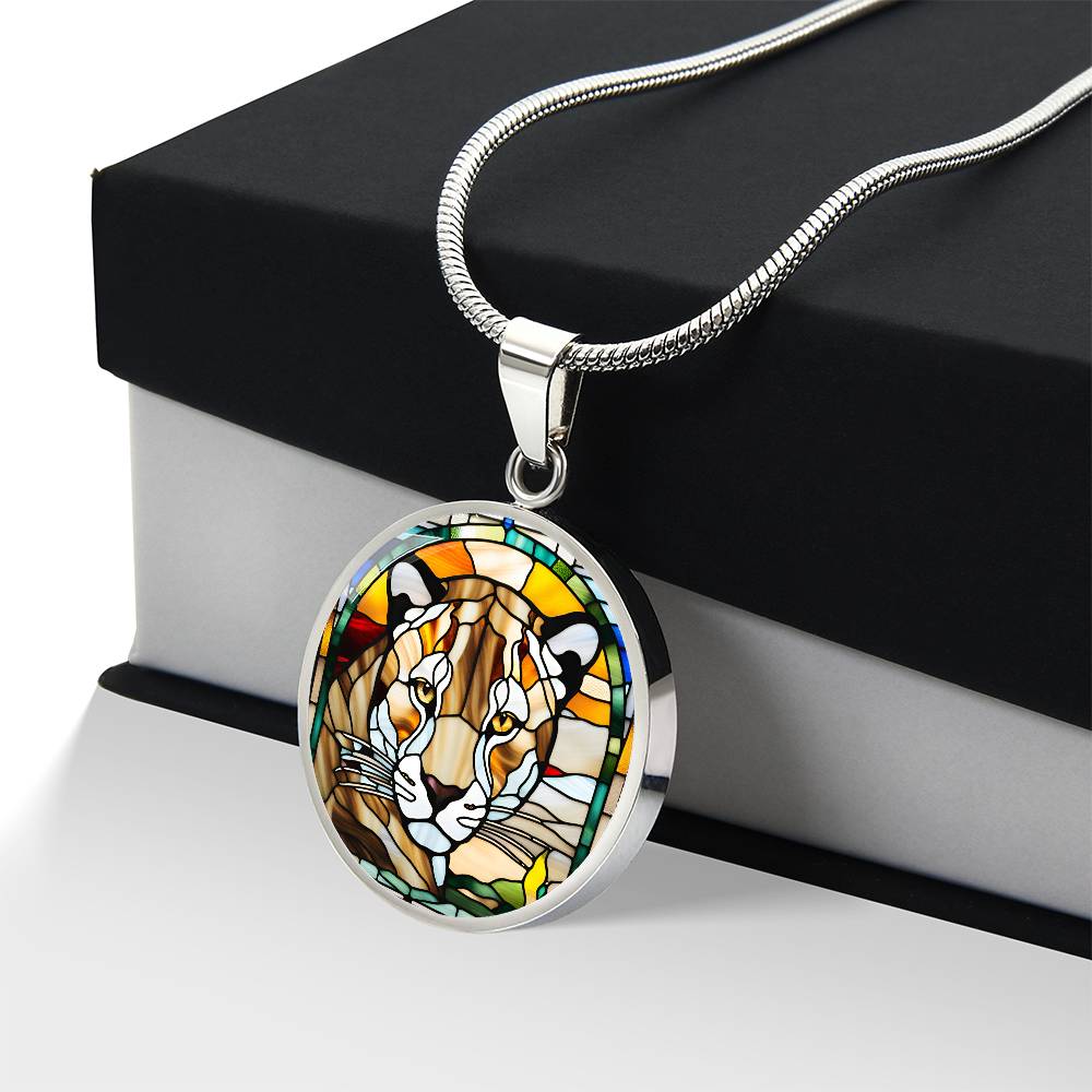 Jaguar Engraved Celtic Native American Zodiac Animal Charm Pendant Stained Glass Art Necklace Protection Spirit Dream Cat Jewelry Gift