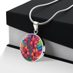 August Birth Flower Gladiolus Psychedelic Art Pendant Necklace, Boho hippie Retro Floral Jewelry, Gladioli Groovy Vintage Art Gift for Her