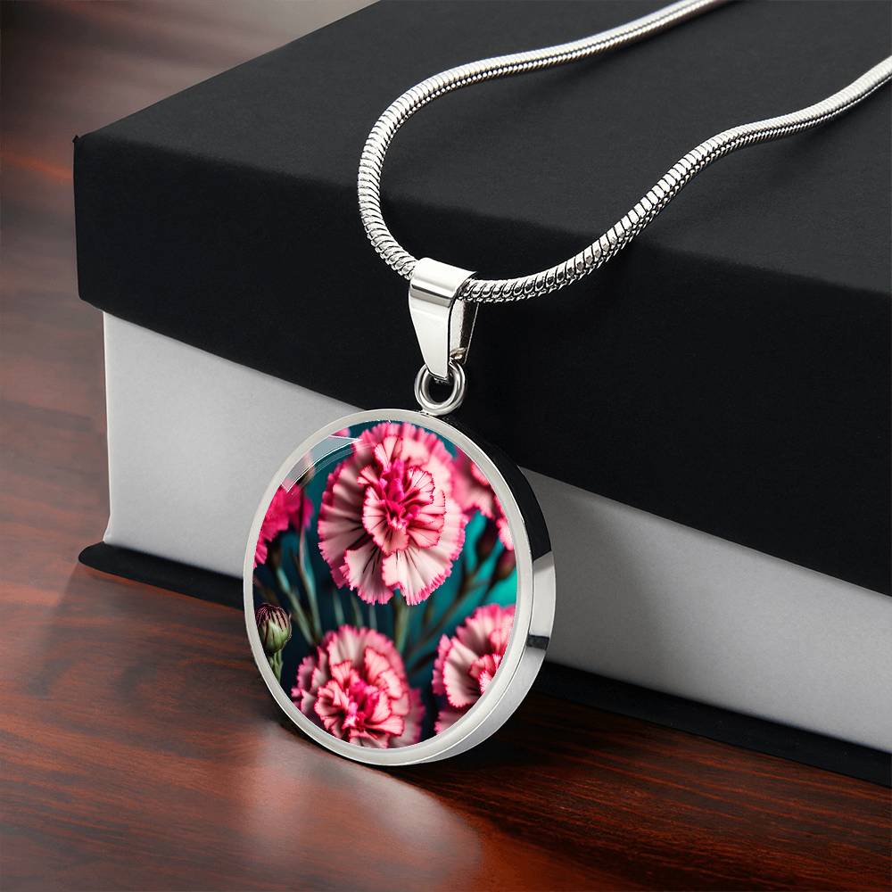 Birthflower Carnation Necklace, January Birth Flower Necklace, Flower Design Circle Pendant Mothers Day Necklace & Valentines Gifts For Her