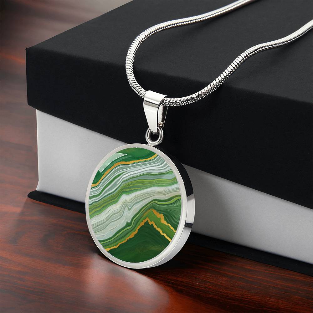 Green Marble Texture Gold Veins Pendant Necklace Gemstone Liquid Art Jade Malachite Slab Wavy Abstract Modern Art Alcohol Ink Pattern