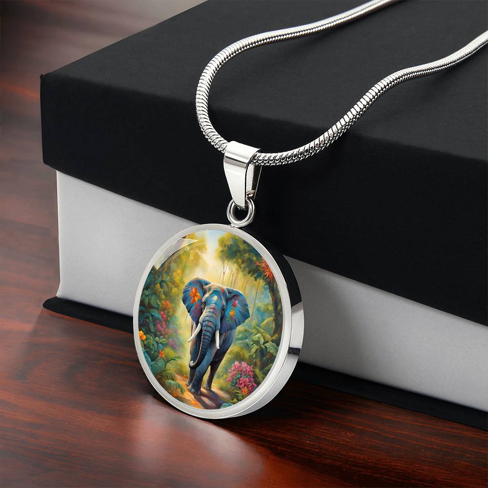 Vibrant Elephant Pendant Necklace Tropical Forest Floral Jewelry Jungle Art Charm, Animal and Nature Lovers Necklace Gift for Her, Him Gift