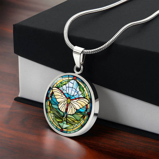 Stained Glass Luna Moth Pendant Necklace, Butterfly Celestial pendant, Lunar Cycle, Cottagecore insect jewelry, Mystic Moon and Moth Pendant