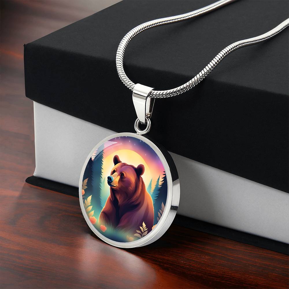 Dreamy Bear Pendant Necklace Gift, Magical Forest Wildlife Jewelry Moonlit Twilight Pastel Flowers Gift For Mom Grandma Mama Bear birthday