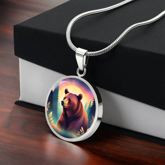 Dreamy Bear Pendant Necklace Gift, Magical Forest Wildlife Jewelry Moonlit Twilight Pastel Flowers Gift For Mom Grandma Mama Bear birthday
