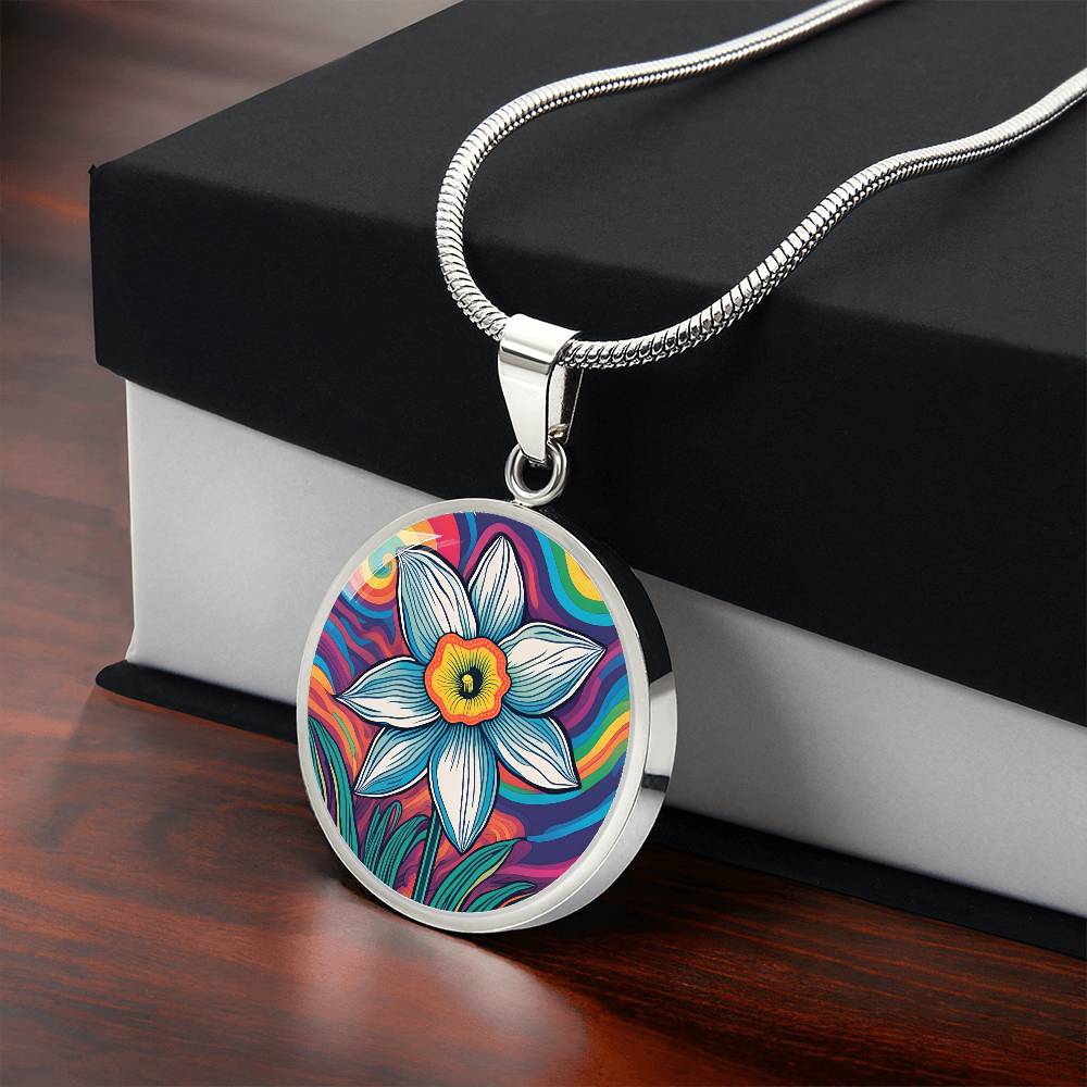 December Birth Flower Narcissus Psychedelic Art Pendant Necklace, Boho hippie Retro Floral Jewelry, Groovy Vintage Art Gift for Her