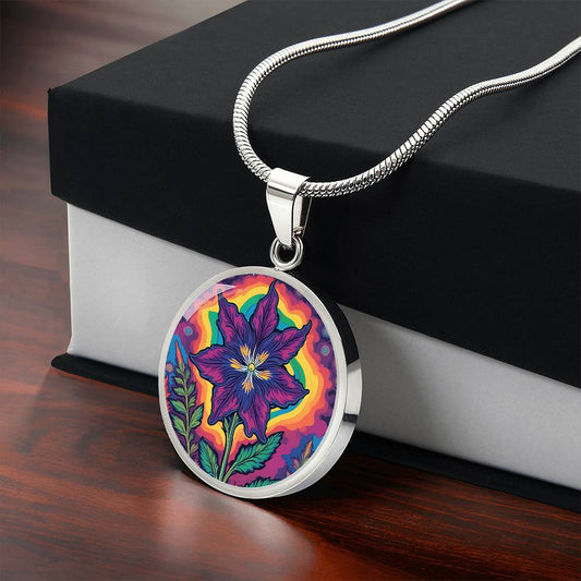 July Birth Flower Larkspur Trippy 70s 80s Art Pendant Necklace, Boho hippie Retro Floral Jewelry Larkspur Groovy Vintage Art Gift For Her