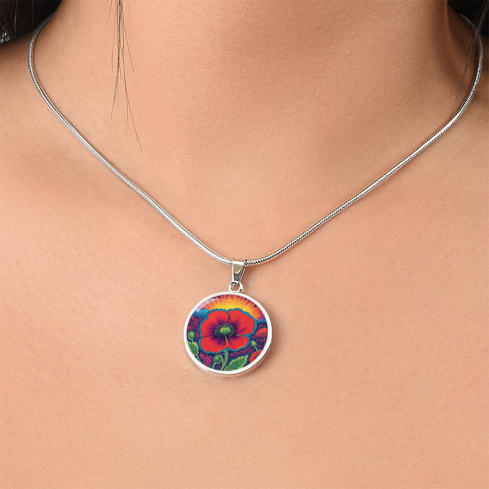 August Birthflower Poppy Trippy 70s 80s Art Pendant Necklace, Boho hippie Retro Poppies Floral Jewelry, Groovy Vintage Art Gift for Her