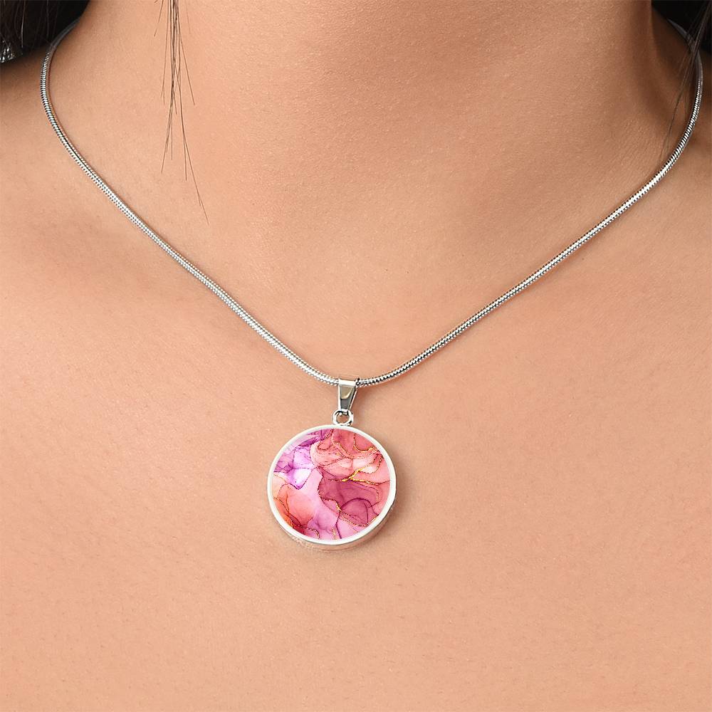 Alcohol Ink Pendant Necklace Pink Purple Gold Wanderlust Jewelry Trendy Fluid Art Colorful Abstract Backgroud Stainless Steel Gold Base