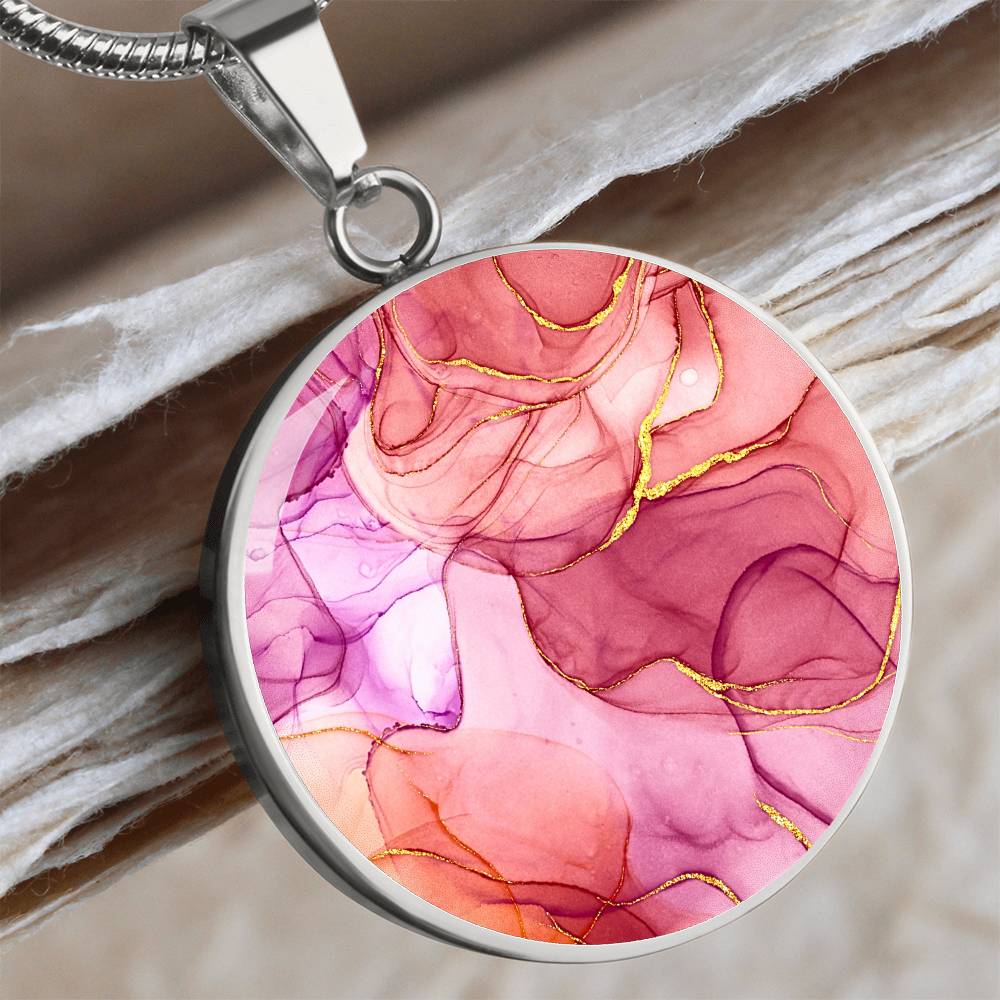 Alcohol Ink Pendant Necklace Pink Purple Gold Wanderlust Jewelry Trendy Fluid Art Colorful Abstract Backgroud Stainless Steel Gold Base