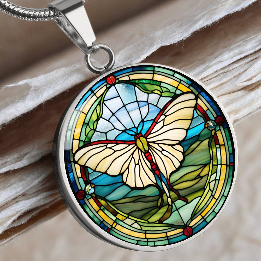 Stained Glass Luna Moth Pendant Necklace, Butterfly Celestial pendant, Lunar Cycle, Cottagecore insect jewelry, Mystic Moon and Moth Pendant