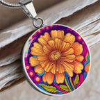 October Birth Flower Marigold Trippy 70s 80s Art Pendant Necklace, Boho hippie Retro Floral Jewelry Marigold Groovy Vintage Art Gift For Her