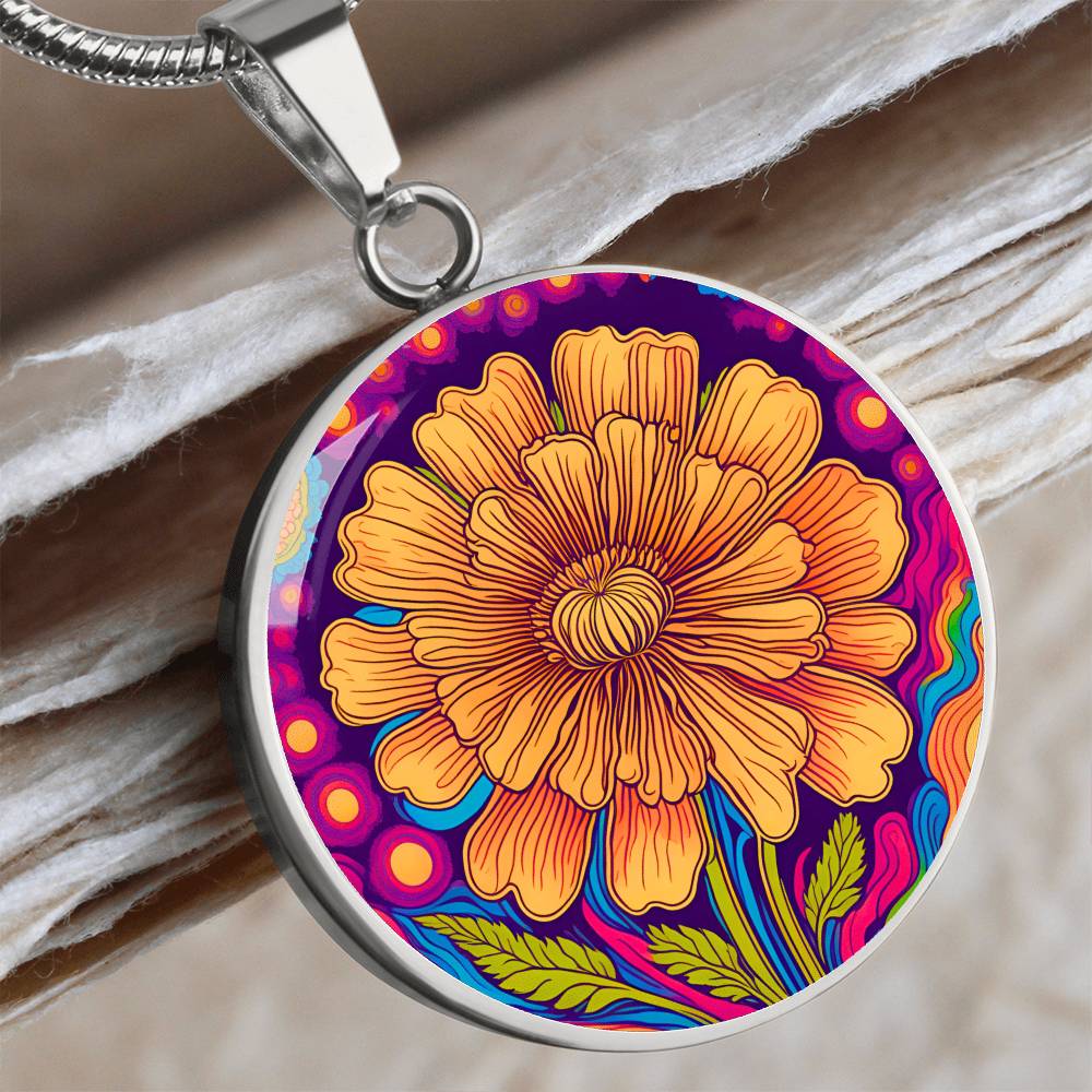 October Birth Flower Marigold Trippy 70s 80s Art Pendant Necklace, Boho hippie Retro Floral Jewelry Marigold Groovy Vintage Art Gift For Her