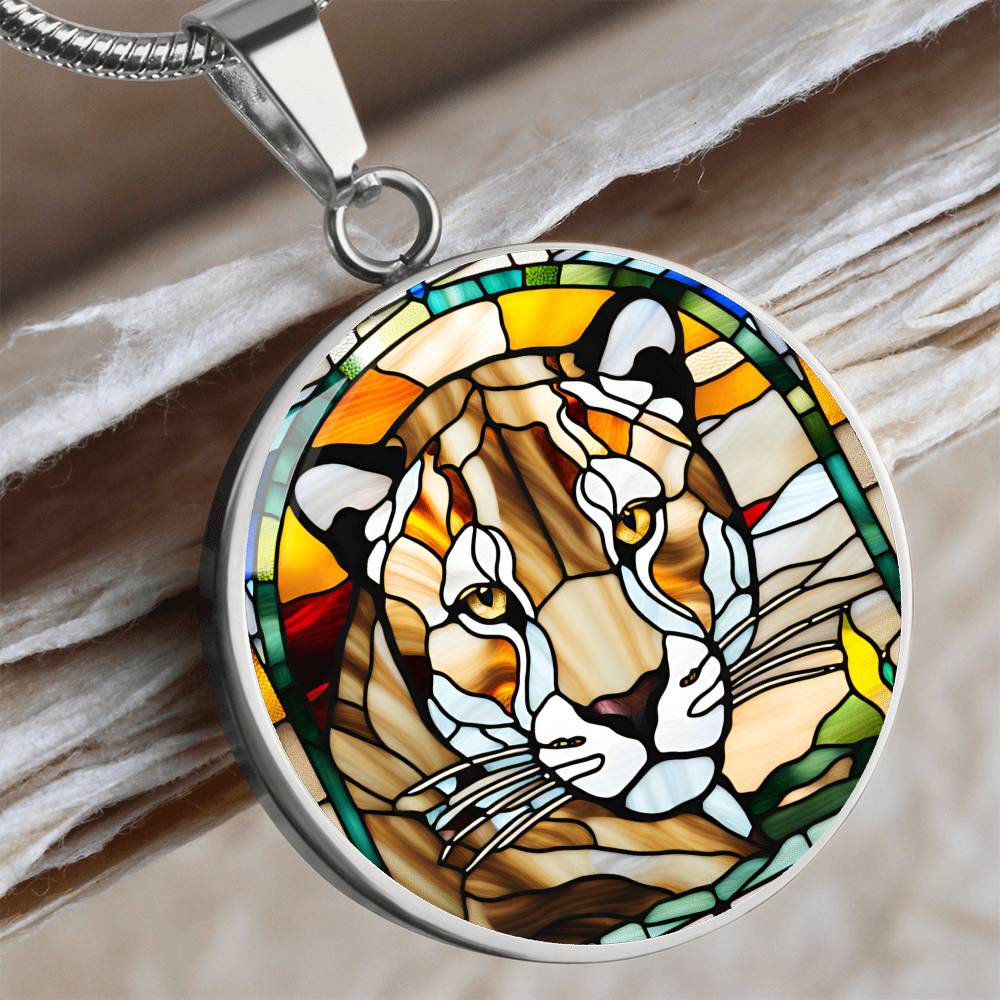 Jaguar Engraved Celtic Native American Zodiac Animal Charm Pendant Stained Glass Art Necklace Protection Spirit Dream Cat Jewelry Gift