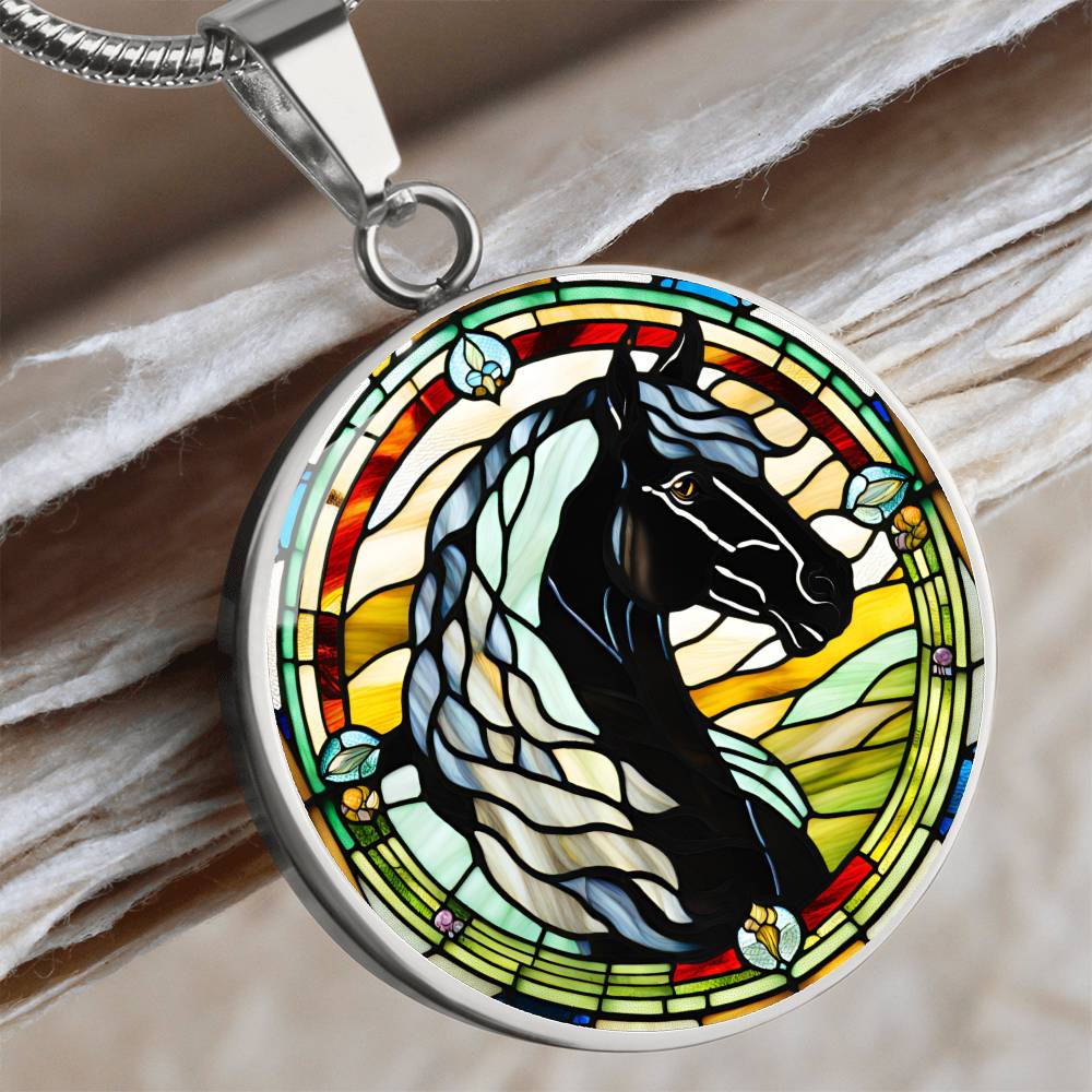 Black Stallion Pendant Necklace Horse Chinese Zodiac Animal Pendant Stained Glass Pony Art Jewelry Horse Lover Gift Dream Spirit Animal