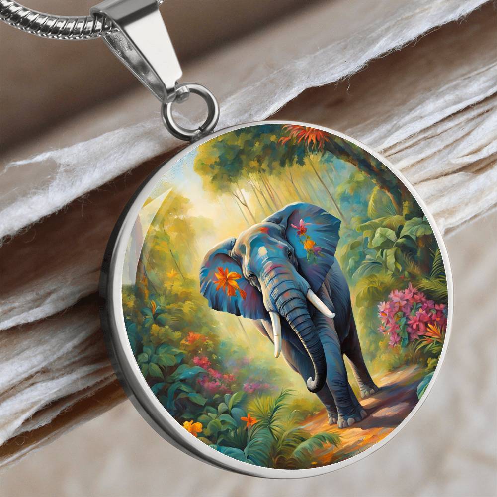 Vibrant Elephant Pendant Necklace Tropical Forest Floral Jewelry Jungle Art Charm, Animal and Nature Lovers Necklace Gift for Her, Him Gift