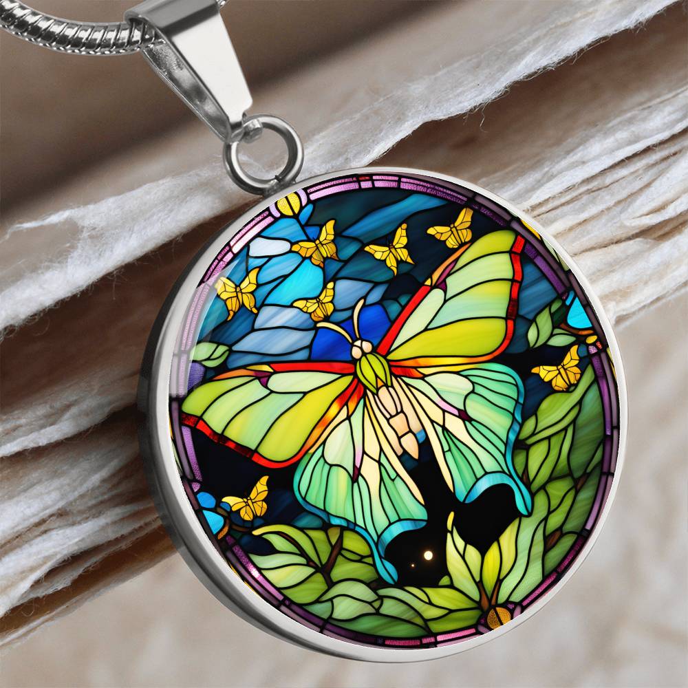 Stained Glass Luna Moth Pendant Necklace, Butterfly Celestial pendant, Lunar Cycle, Cottagecore insect jewelry, Mystic Moon and Moth Pendant