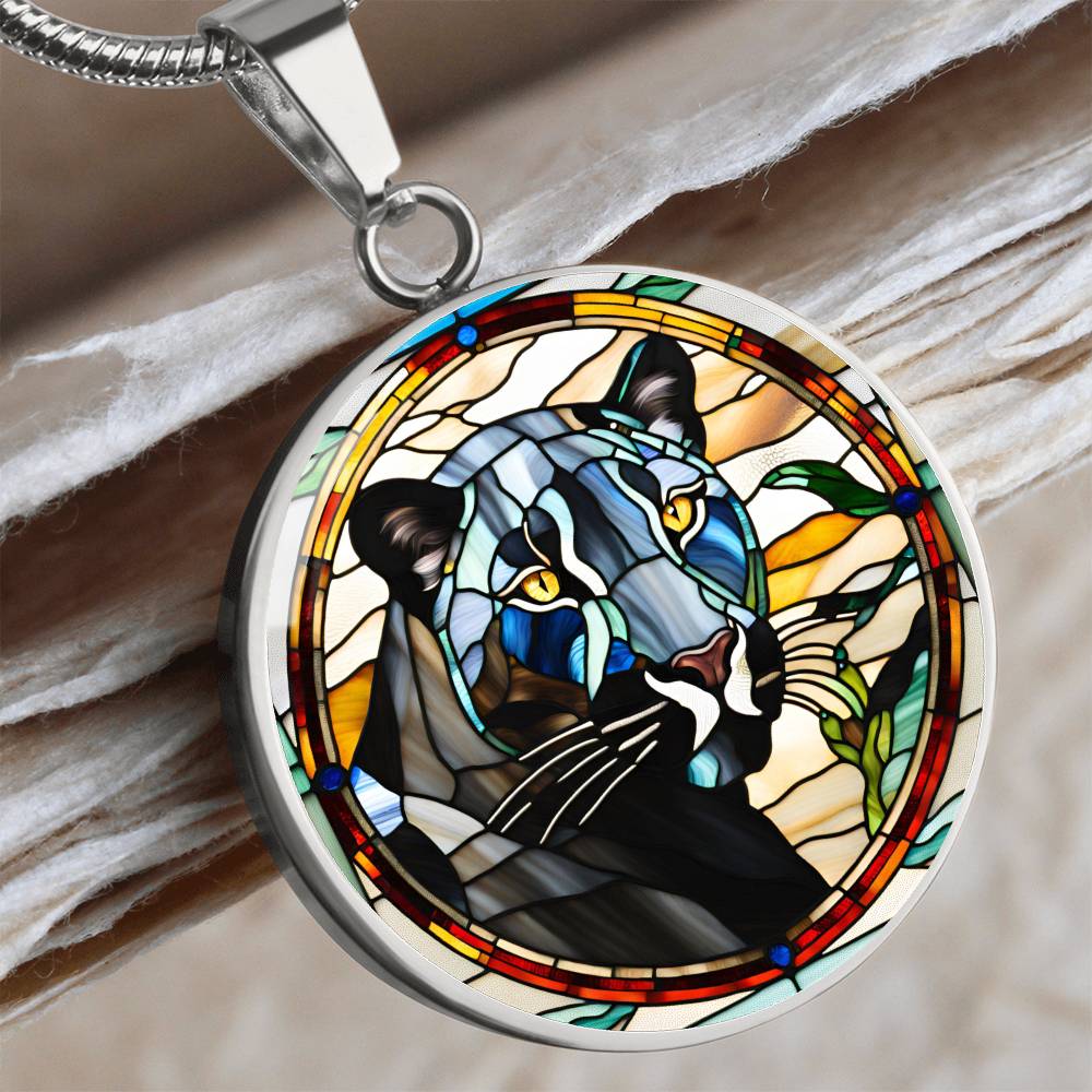 Jaguar Engraved Celtic Native American Zodiac Animal Charm Pendant Stained Glass Art Necklace Protection Spirit Dream Cat Jewelry Gift