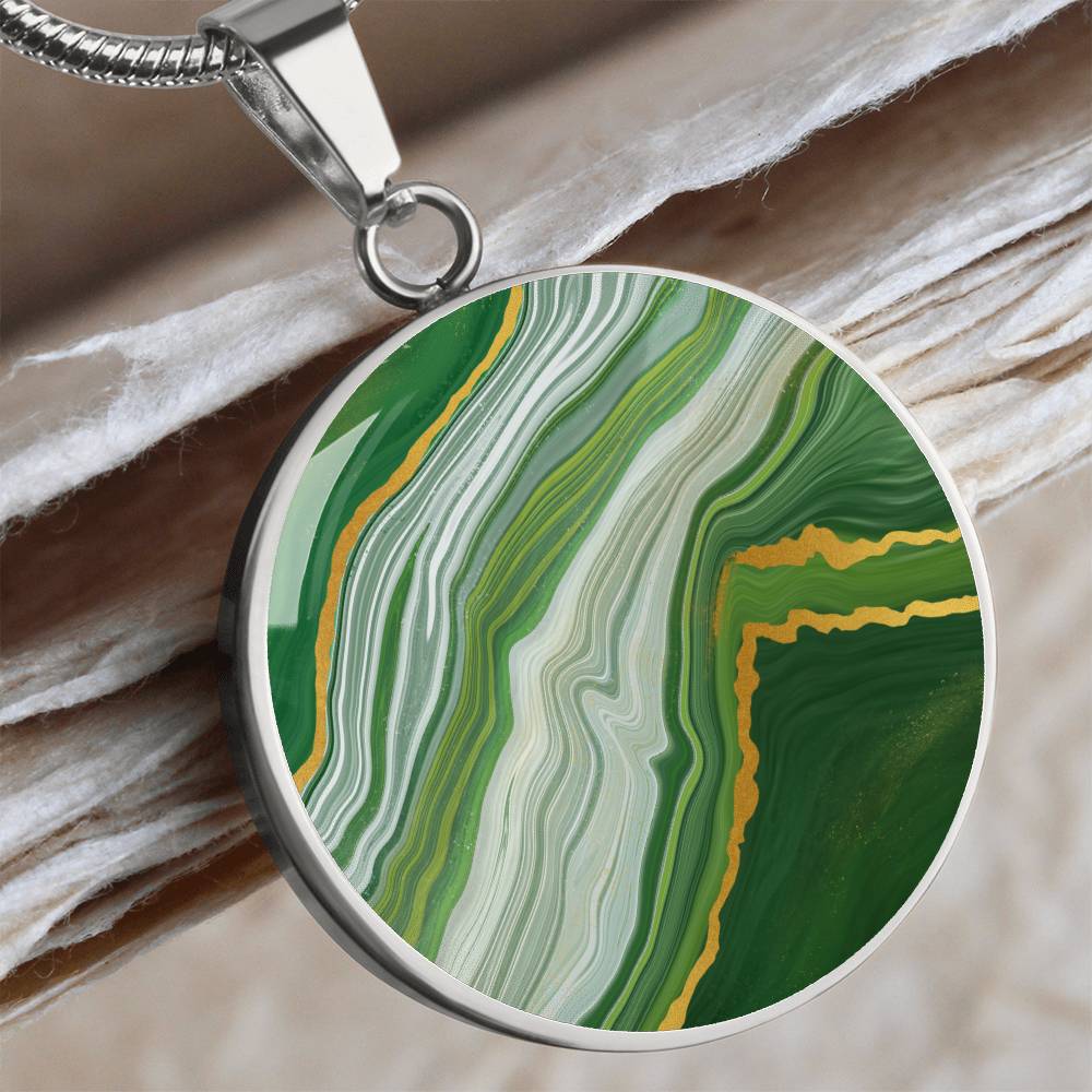Green Marble Texture Gold Veins Pendant Necklace Gemstone Liquid Art Jade Malachite Slab Wavy Abstract Modern Art Alcohol Ink Pattern