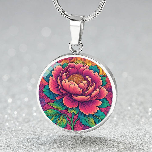 November Birth Flower Peony Psychedelic Art Pendant Necklace, Boho hippie Retro Floral Jewelry, Peonies Groovy Vintage Art Gift for Her