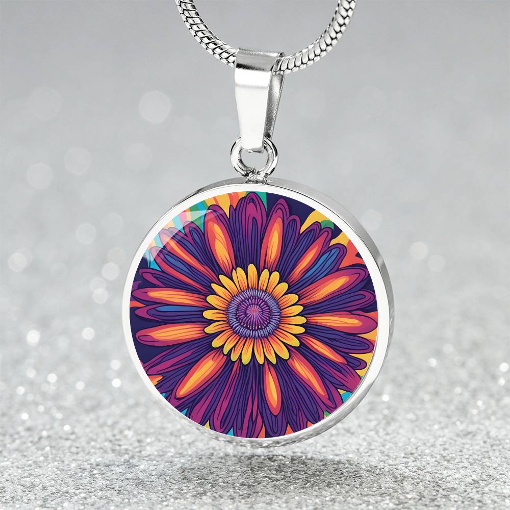 September Birth Flower Aster Psychedelic Art Pendant Necklace, Boho hippie Retro Floral Jewelry, Aster Groovy Vintage Art Gift for Her