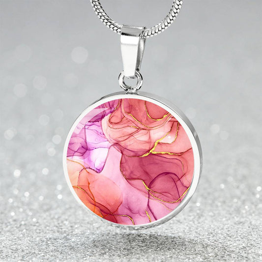 Alcohol Ink Pendant Necklace Pink Purple Gold Wanderlust Jewelry Trendy Fluid Art Colorful Abstract Backgroud Stainless Steel Gold Base
