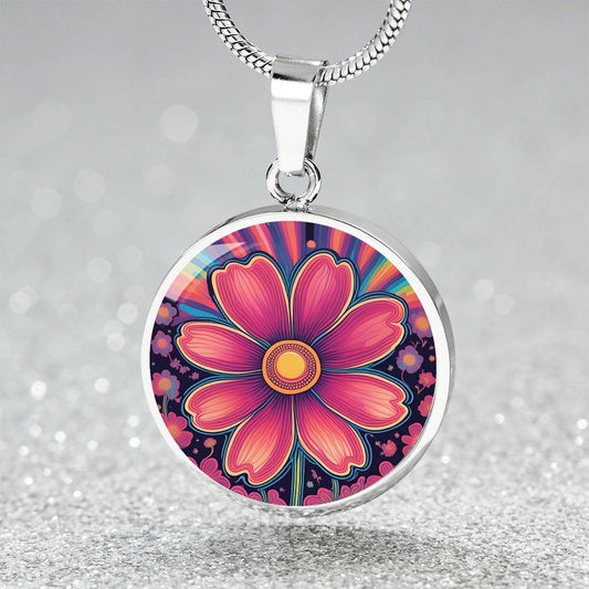October Birth Flower Cosmos Psychedelic Art Pendant Necklace, Boho hippie Retro Floral Jewelry, Groovy Vintage Art Gift for Her