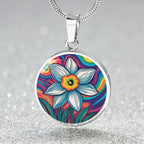 December Birth Flower Narcissus Psychedelic Art Pendant Necklace, Boho hippie Retro Floral Jewelry, Groovy Vintage Art Gift for Her