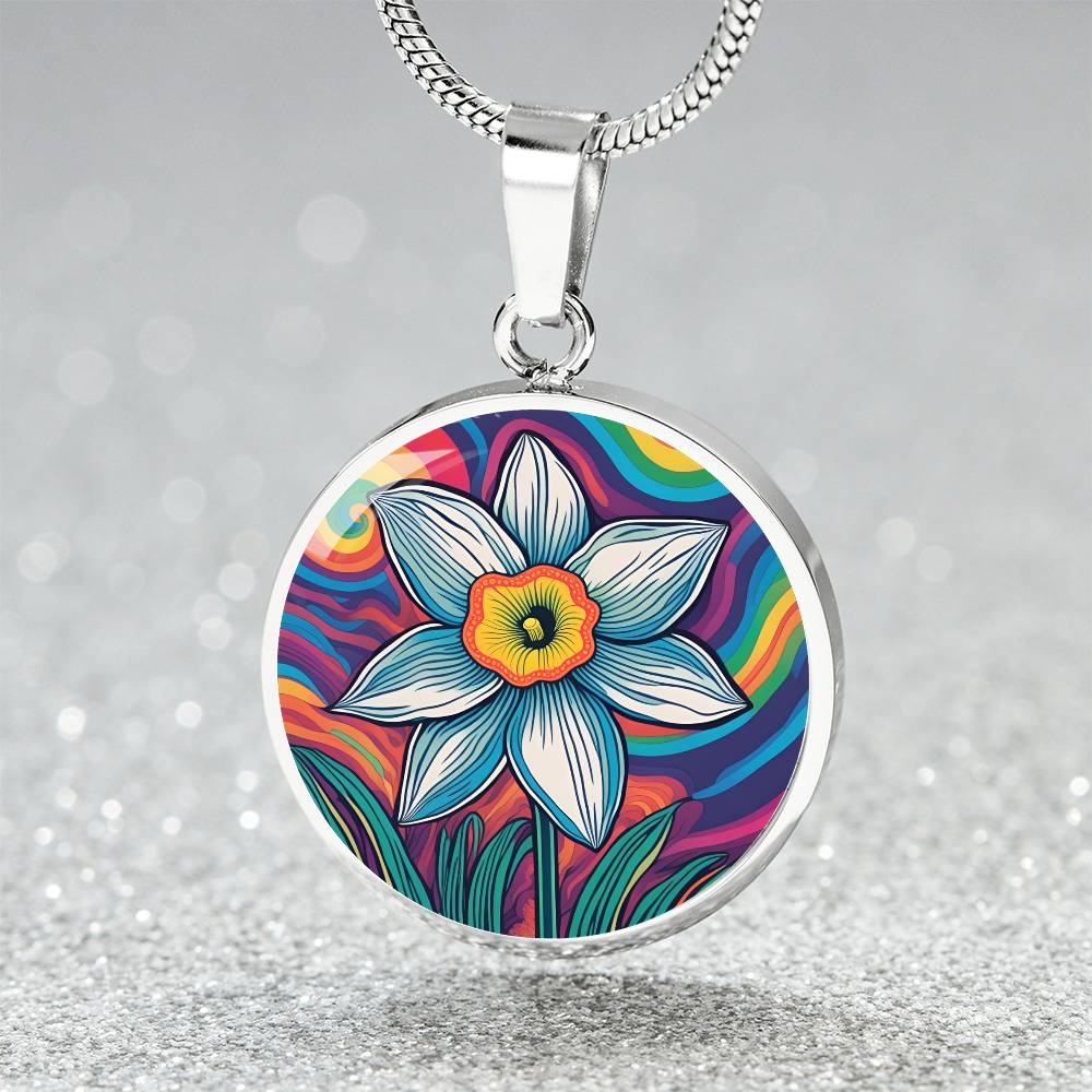 December Birth Flower Narcissus Psychedelic Art Pendant Necklace, Boho hippie Retro Floral Jewelry, Groovy Vintage Art Gift for Her