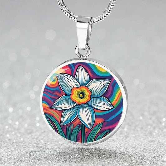 December Birth Flower Narcissus Psychedelic Art Pendant Necklace, Boho hippie Retro Floral Jewelry, Groovy Vintage Art Gift for Her