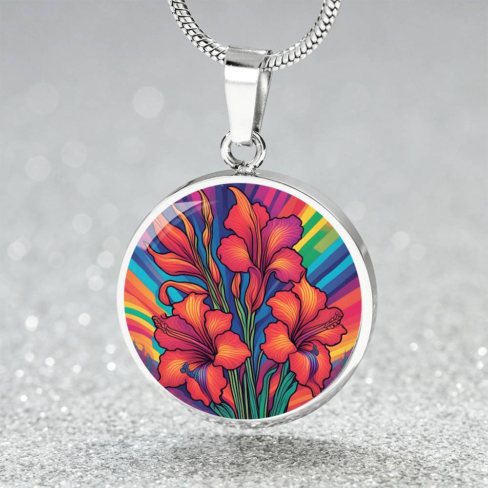 August Birth Flower Gladiolus Psychedelic Art Pendant Necklace, Boho hippie Retro Floral Jewelry, Gladioli Groovy Vintage Art Gift for Her