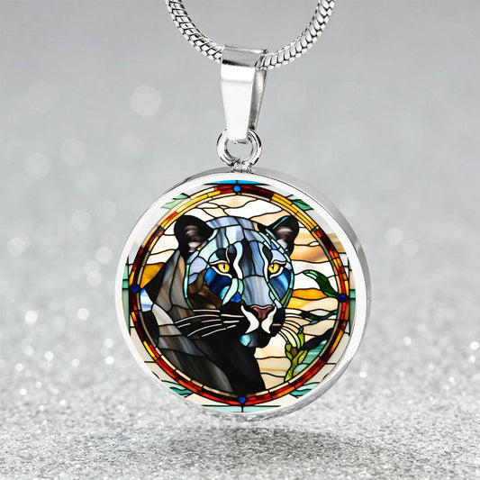 Jaguar Engraved Celtic Native American Zodiac Animal Charm Pendant Stained Glass Art Necklace Protection Spirit Dream Cat Jewelry Gift