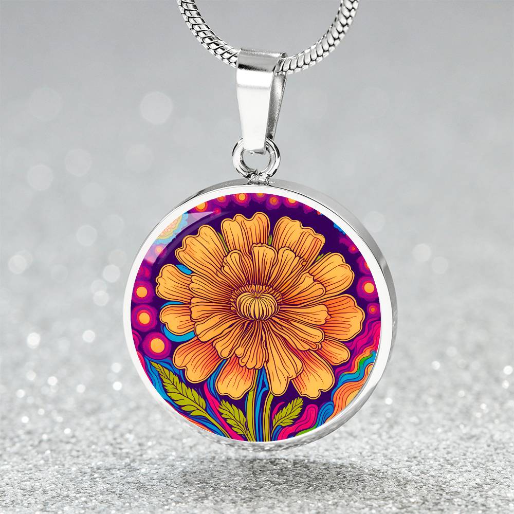 October Birth Flower Marigold Trippy 70s 80s Art Pendant Necklace, Boho hippie Retro Floral Jewelry Marigold Groovy Vintage Art Gift For Her