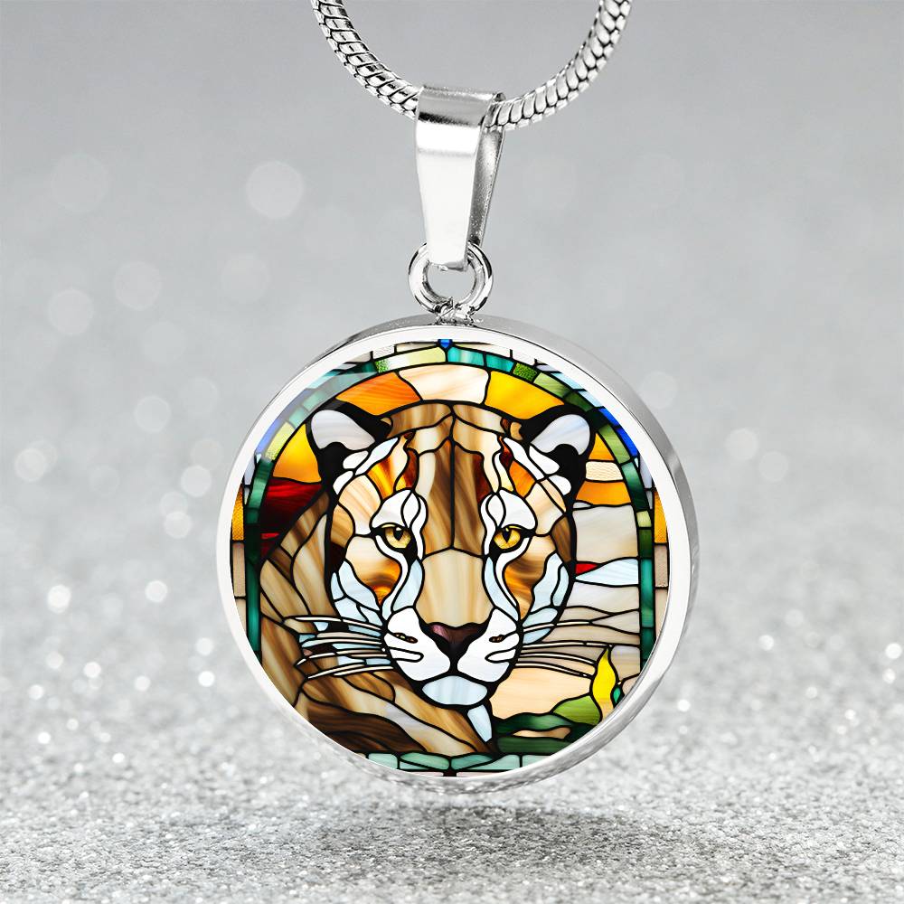 Jaguar Engraved Celtic Native American Zodiac Animal Charm Pendant Stained Glass Art Necklace Protection Spirit Dream Cat Jewelry Gift