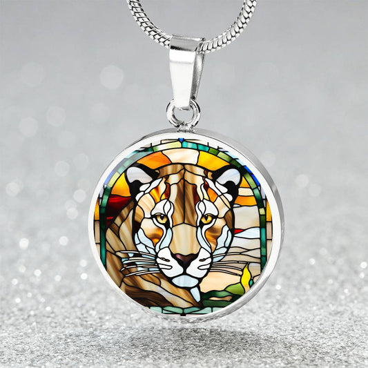 Jaguar Engraved Celtic Native American Zodiac Animal Charm Pendant Stained Glass Art Necklace Protection Spirit Dream Cat Jewelry Gift