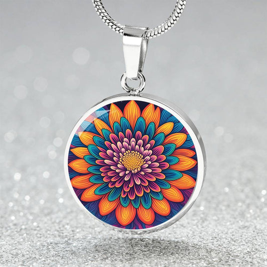 November Birth Flower Chrysanthemum Psychedelic Art Pendant Necklace, Boho hippie Retro Floral Jewelry, Groovy Vintage Art Gift for Her