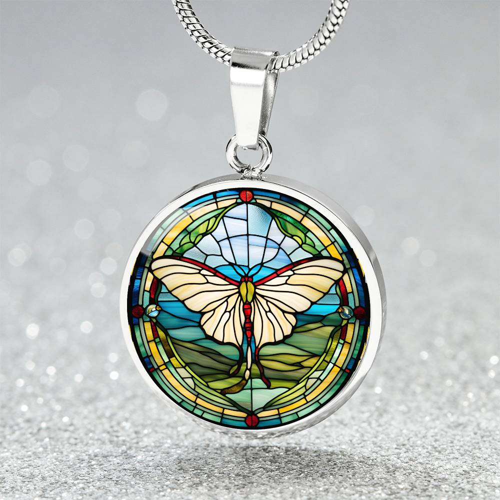 Stained Glass Luna Moth Pendant Necklace, Butterfly Celestial pendant, Lunar Cycle, Cottagecore insect jewelry, Mystic Moon and Moth Pendant